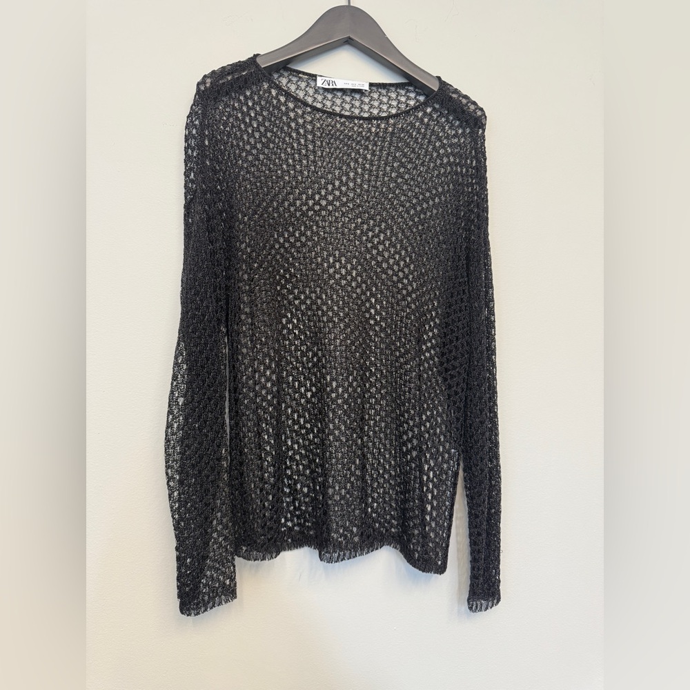 Zara Black Sheer Metallic Mesh Blouse - Picture 4 of 7
